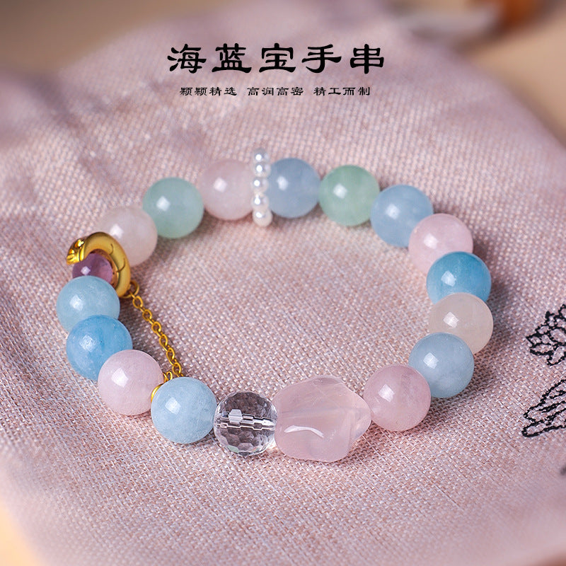 AS廠-天然海藍寶粉水晶星月串珠手鍊女清新甜美黃水晶九尾狐手串首飾「SL6480」25.07-3