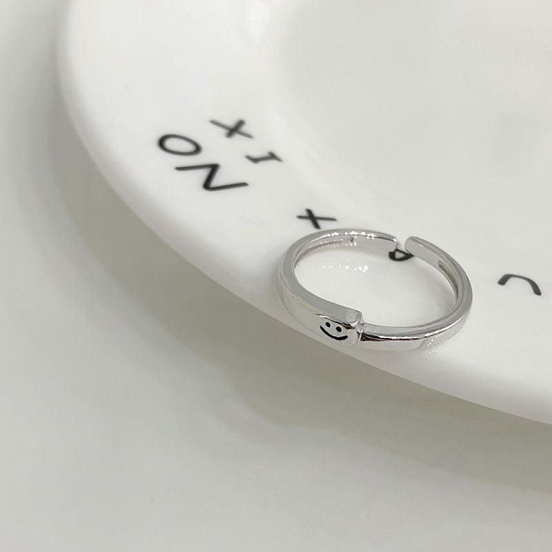 D廠-S925純銀簡約可愛笑臉戒指光面表情素圈開口戒小眾設計感「YC5069R