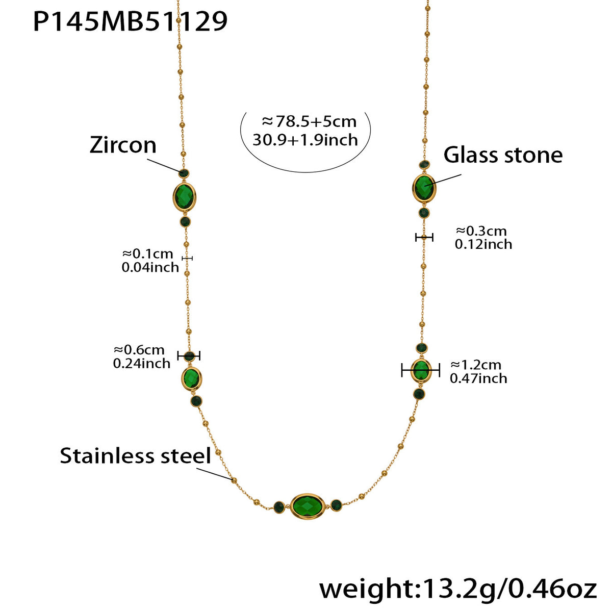 B廠-不鏽鋼十字夾珠鏈橢圓包邊切面玻璃石項鍊耳環首飾套裝鍍18k真金「TXP506」25.12-1