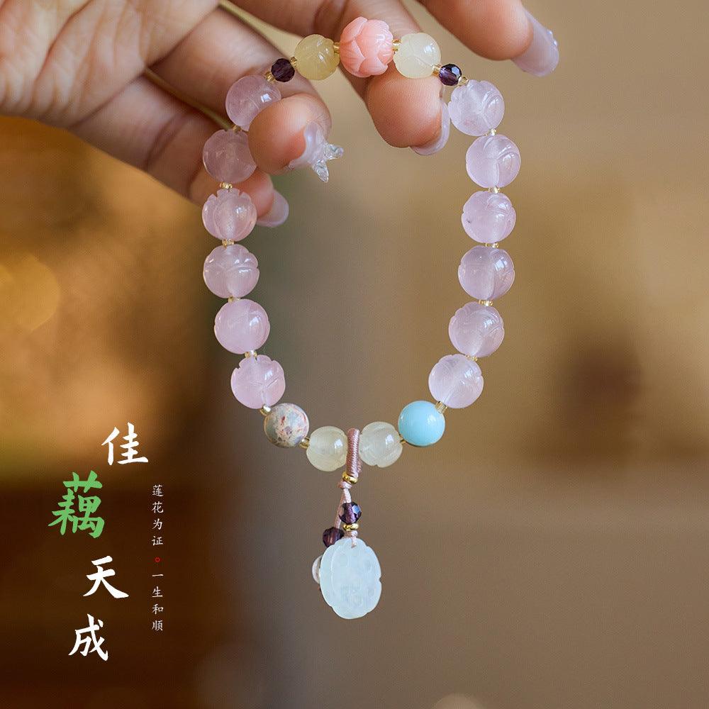 AS廠-寺廟爆款 天然金絲玉蓮花手鍊好運蓮蓮荷包鼓鼓古風玉石手串批發「SL89-L-04」25.03-2