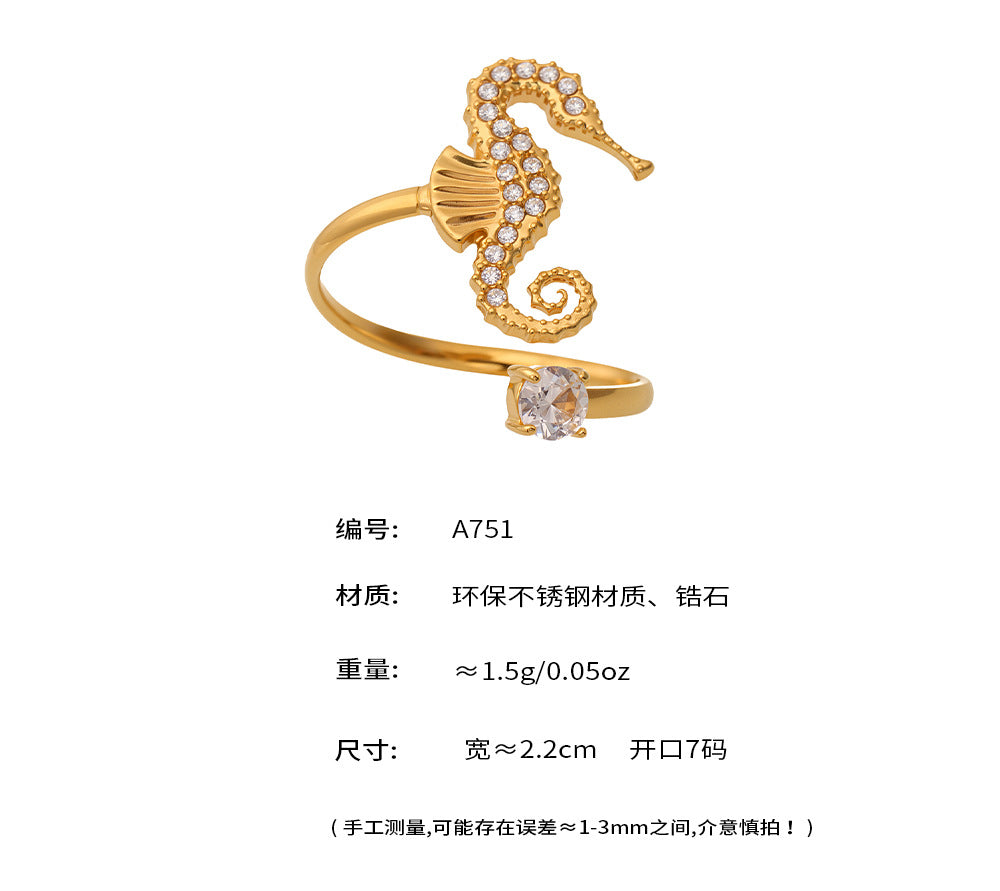 B廠-5A超閃鋯石海洋生物海馬八爪魚貝殼開口戒指歐美不鏽鋼飾品「A751」25.05-4