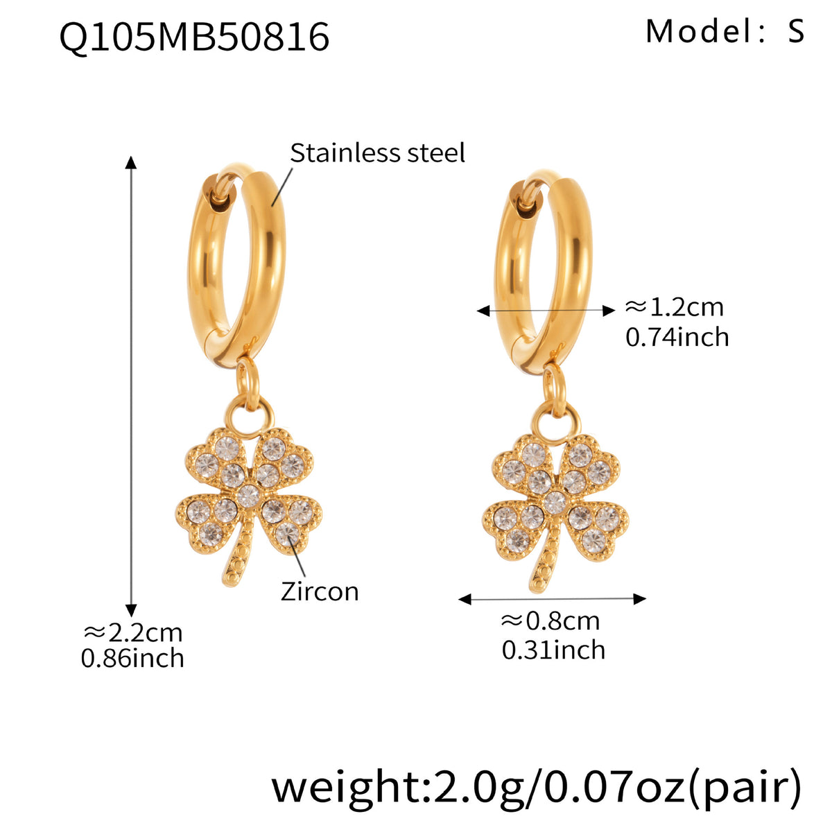 B廠-跨境新品不鏽鋼幸運草帶鑽耳墜耳環鍍18k真金簡約時尚飾品「Q104-Q109」25.08-4