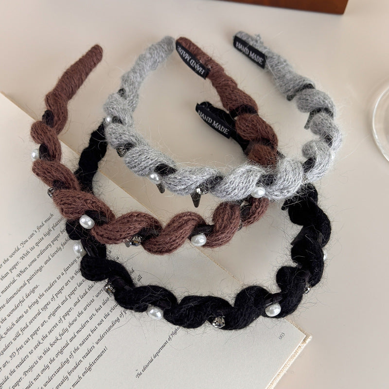 E廠-韓系閃鑽珍珠毛線波浪髮箍女高顱頂頭箍帶齒防滑外戴髮卡壓髮頭飾「27663」25.11-2