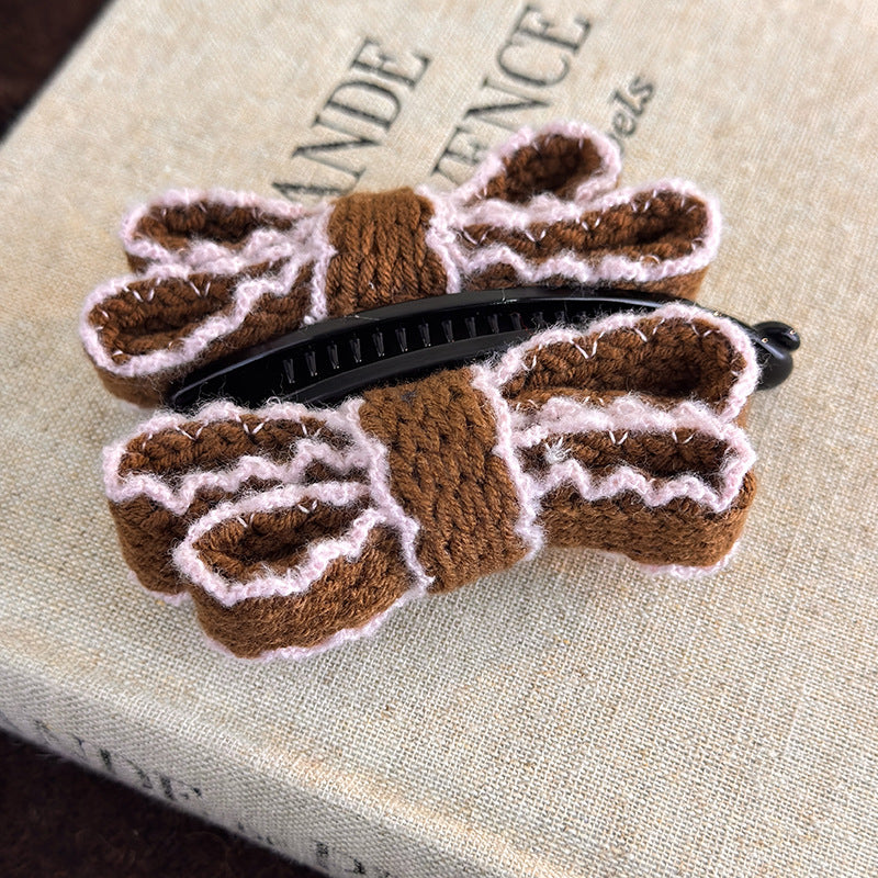 E廠-韓國復古針織毛線雙層蝴蝶結髮夾香蕉夾2025新款秋冬款盤髮馬尾夾「27758」25.12-1