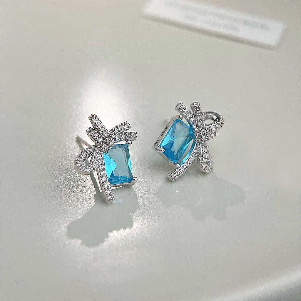A廠-微鑲鋯石海藍寶色925銀針海灘度假風蝴蝶結新款耳飾 甜美耳環「5767」25.04-1