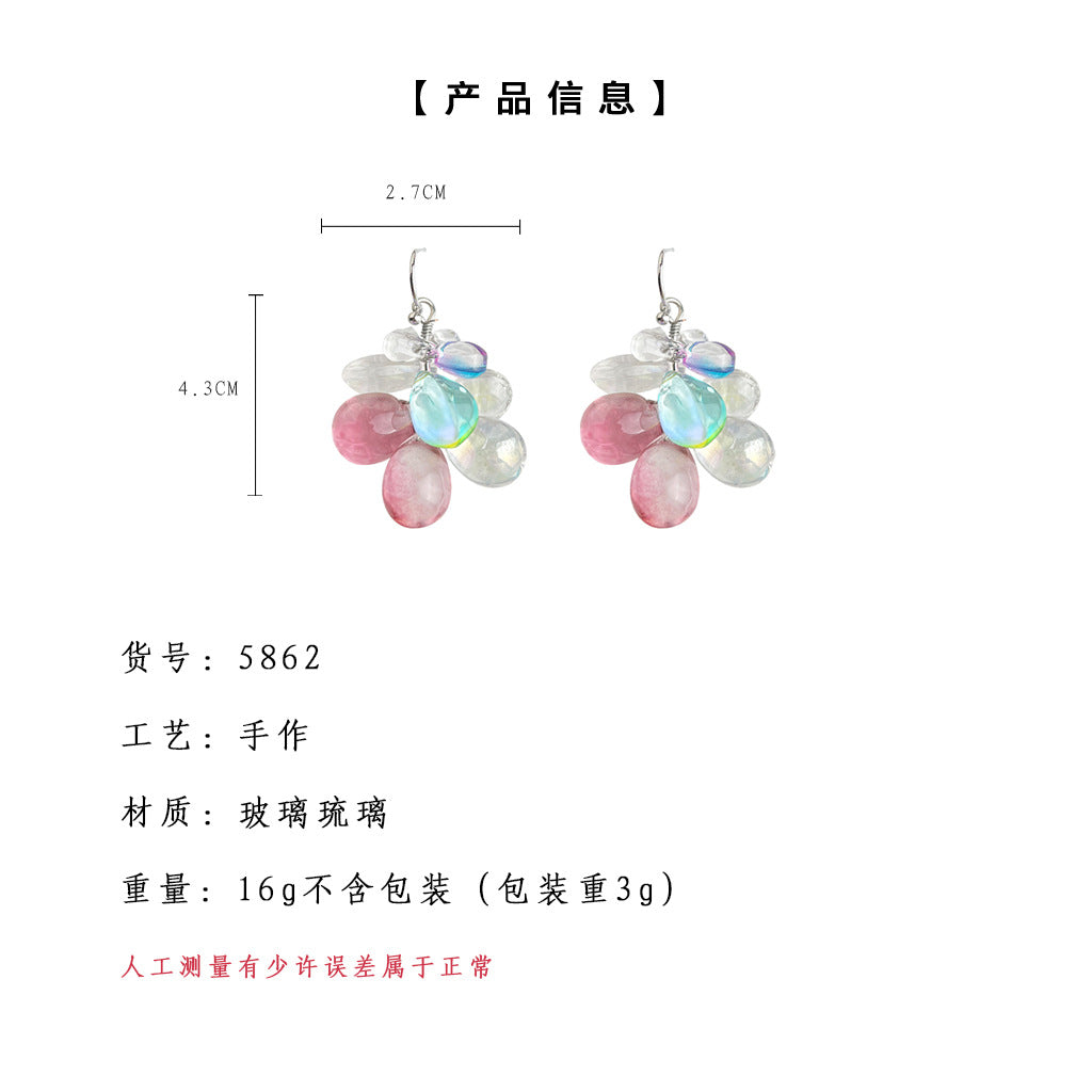 A廠-波光粼粼！玻璃琉璃水晶葡萄串水滴手工清新甜美耳飾工廠原創耳環「5862」25.04-4