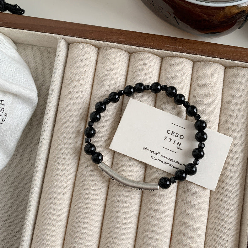 C廠-藏式古風花朵半鐲手鍊黑尖晶黑瑪瑙鋁鎂礦菩提彈力手串S925銀手鍊「1612」25.11-4