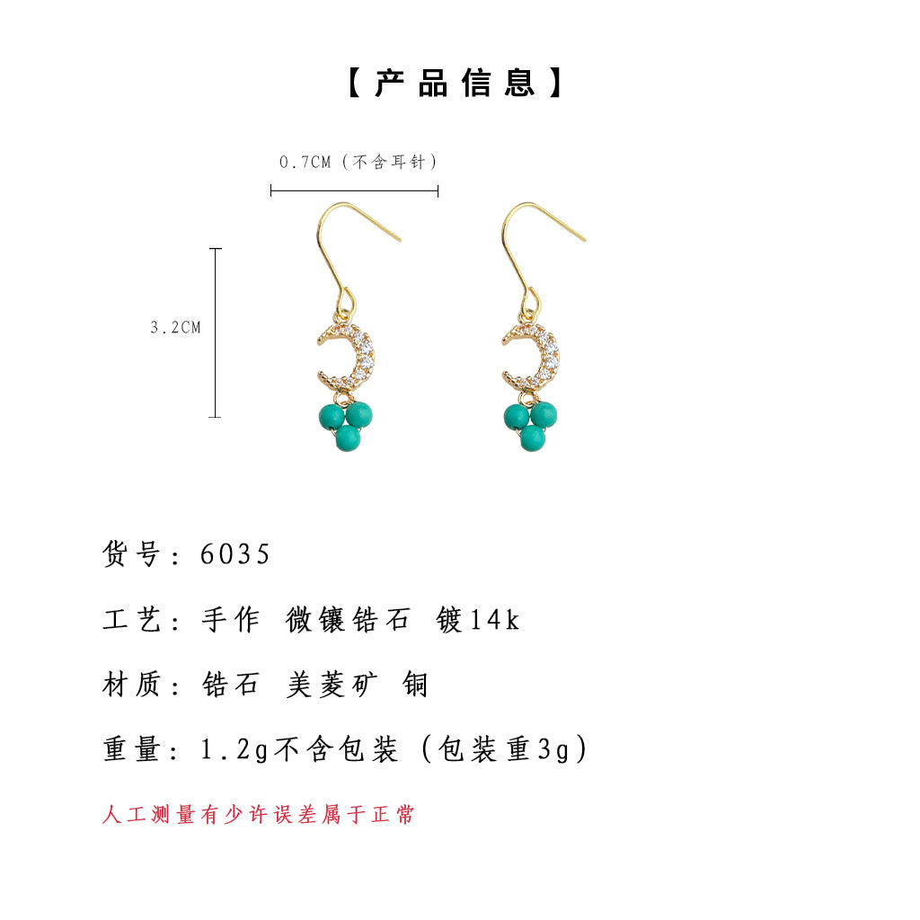 A廠-微鑲鋯石月亮小眾設計師簡約小巧通勤合成綠松石耳飾工廠耳環貨源「6035」25.05-3