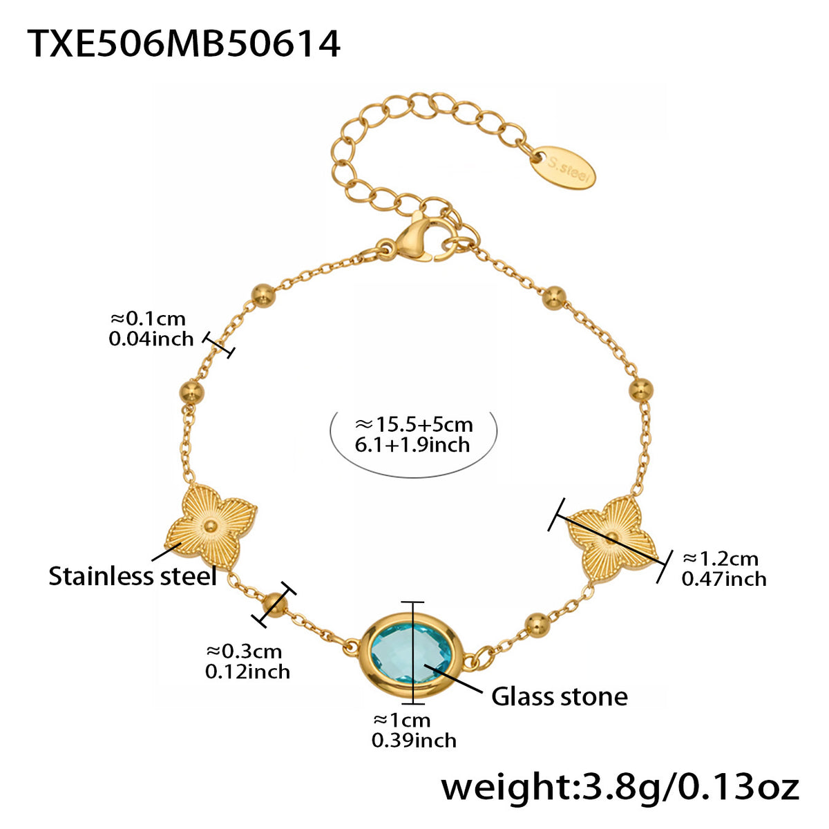 B廠-不鏽鋼十字夾珠鏈橢圓包邊切面玻璃石項鍊耳環首飾套裝鍍18k真金「TXP506」25.12-1