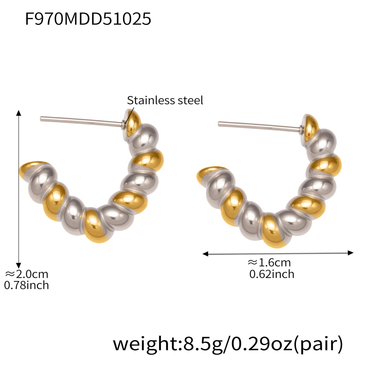 B廠-不鏽鋼重工螺紋麻花形狀耳環拼色間電鍍18k金簡約新潮耳釘「F970」25.10-5