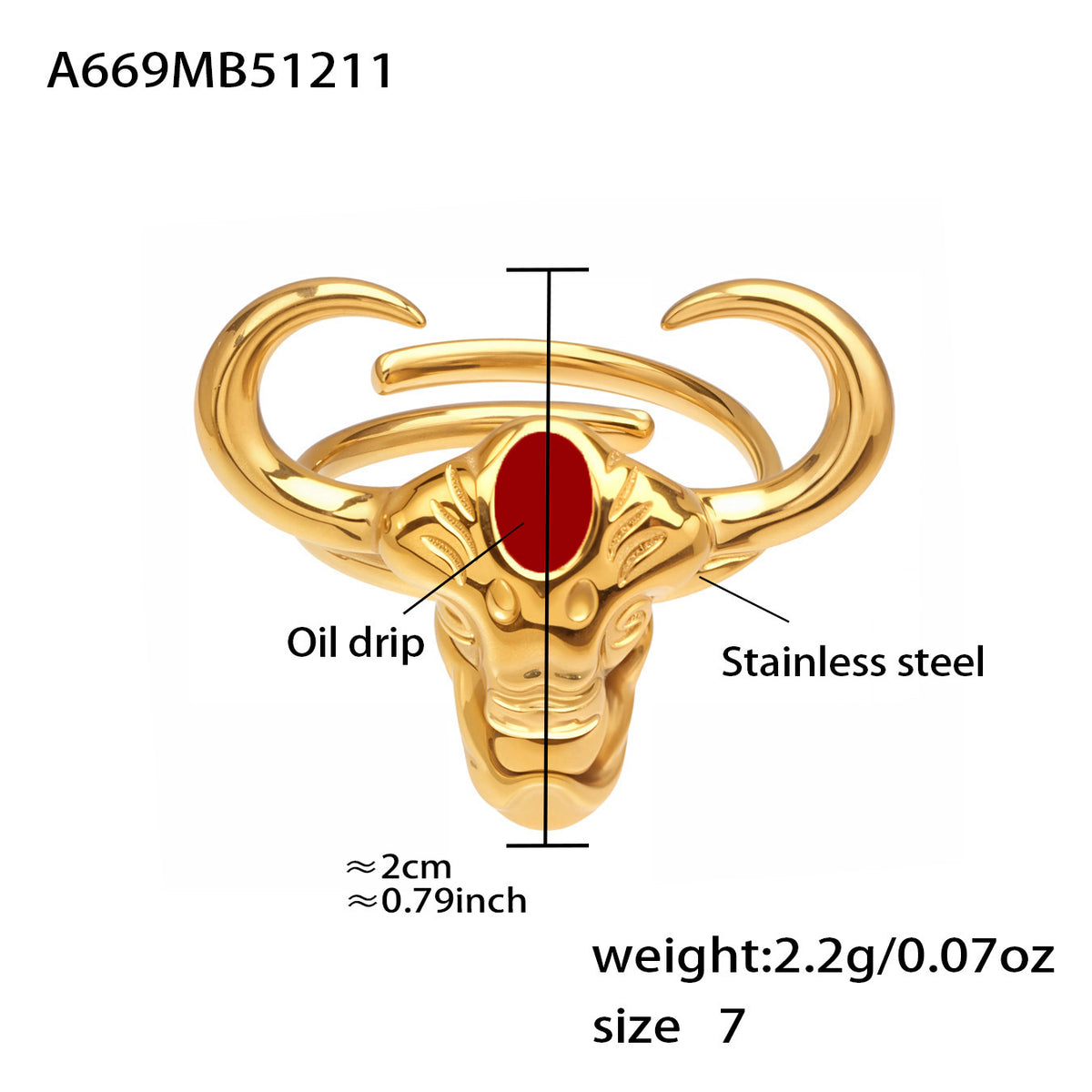 B廠-不鏽鋼牛頭馬滴油開口可調節戒指鍍18k真金歐美時尚百搭朋克指環「A668-A689-A670」25.12-3