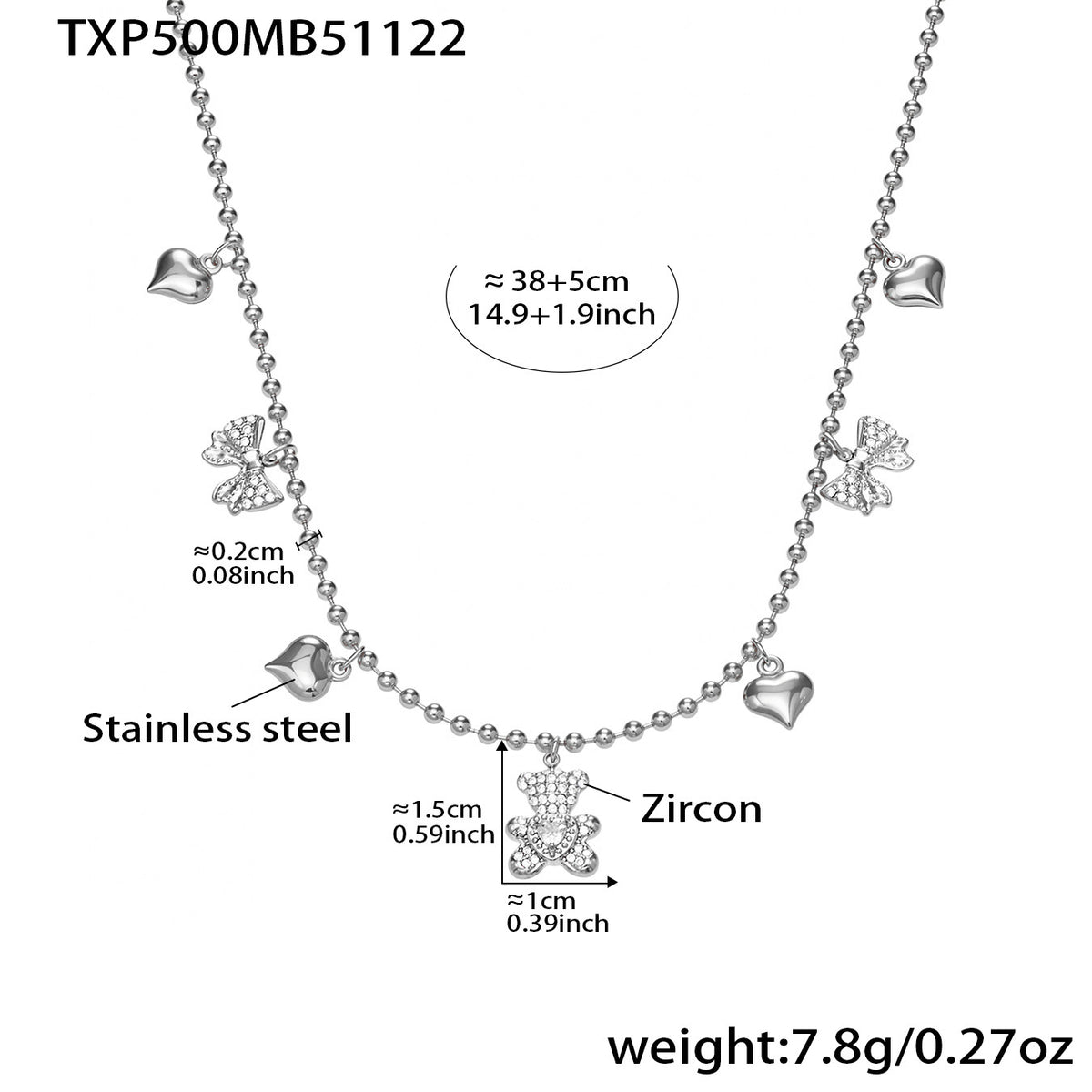 B廠-不鏽鋼5A鋯石滿鑽小熊蝴蝶結愛心多配件吊墜項鍊手鍊耳環首飾套裝「TXP500」25.11-4