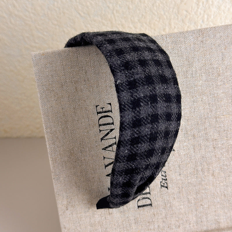 E廠-復古咖色格紋髮箍女日常外戴秋冬氛圍感寬邊頭箍高顱頂髮箍新款女「27632」25.11-1