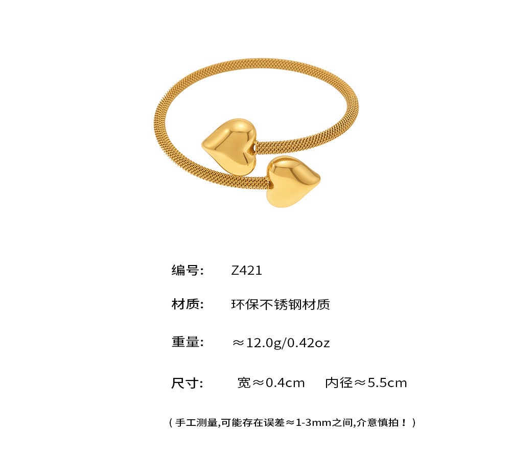 B廠-18K真金立體桃心彈力開口手鐲歐美跨境不鏽鋼新款鐲子飾品「Z421」25.05-4