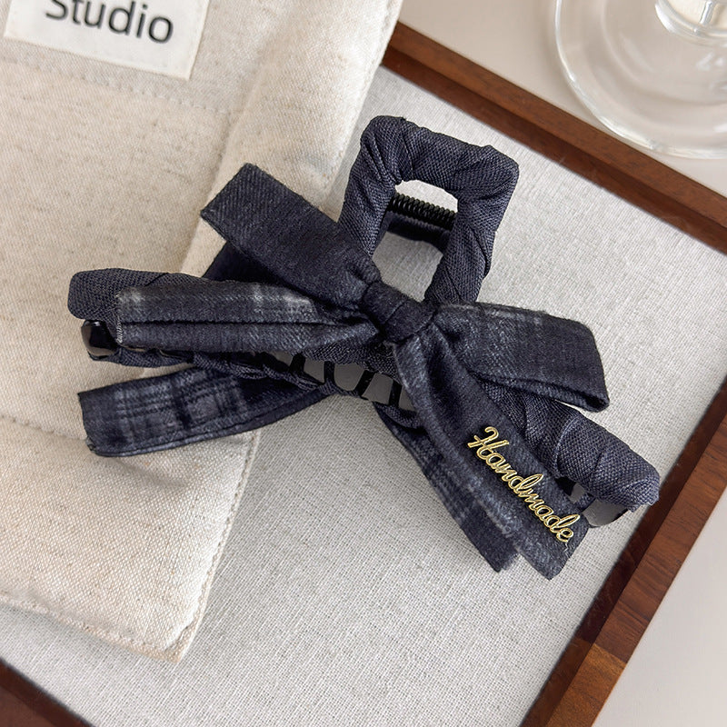 E廠-美拉德格紋蝴蝶結抓夾女高級感大號鯊魚夾子新款盤髮夾後腦勺頭飾「27659」25.11-2