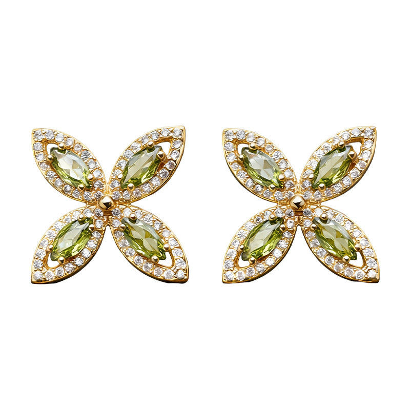 A廠-時尚高級感微鑲鋯石 925銀針幾何花朵新款耳環輕奢風橄欖綠耳環女「7194」25.12-1