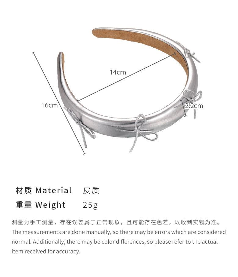 E廠-甜酷銀色蝴蝶結皮質寬邊髮箍小眾高顱頂壓髮髮卡頭箍2024新款髮飾「25515」24.05-5