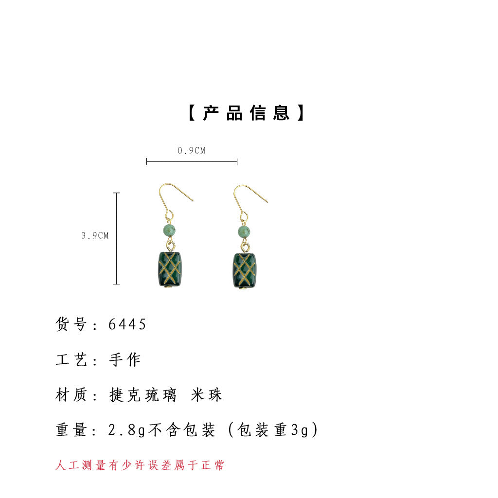 A廠-新中式捷克琉璃手工耳環女文藝復古耳飾長款幾何飾品「6445」25.07-3