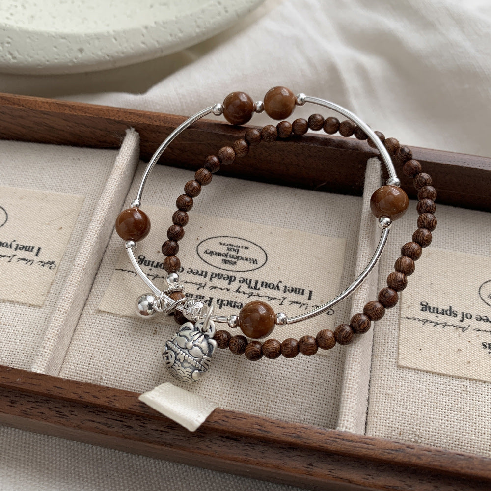 C廠-古風招財貓菩提金絲楠木S925純銀手鍊通體銀「1531」25.11-3