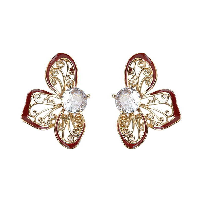 A廠-新中式文藝復古微鑲鋯石925銀針琺瑯滴釉鏤空花朵新款爆款耳飾「7071」25.11-2