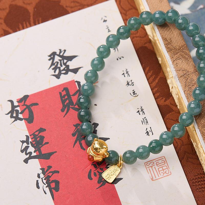 AS廠-廠家源頭批發天然6MM藍水翡翠手串女招財貓平安喜樂翡翠A貨手串「L0610752」25.04-1