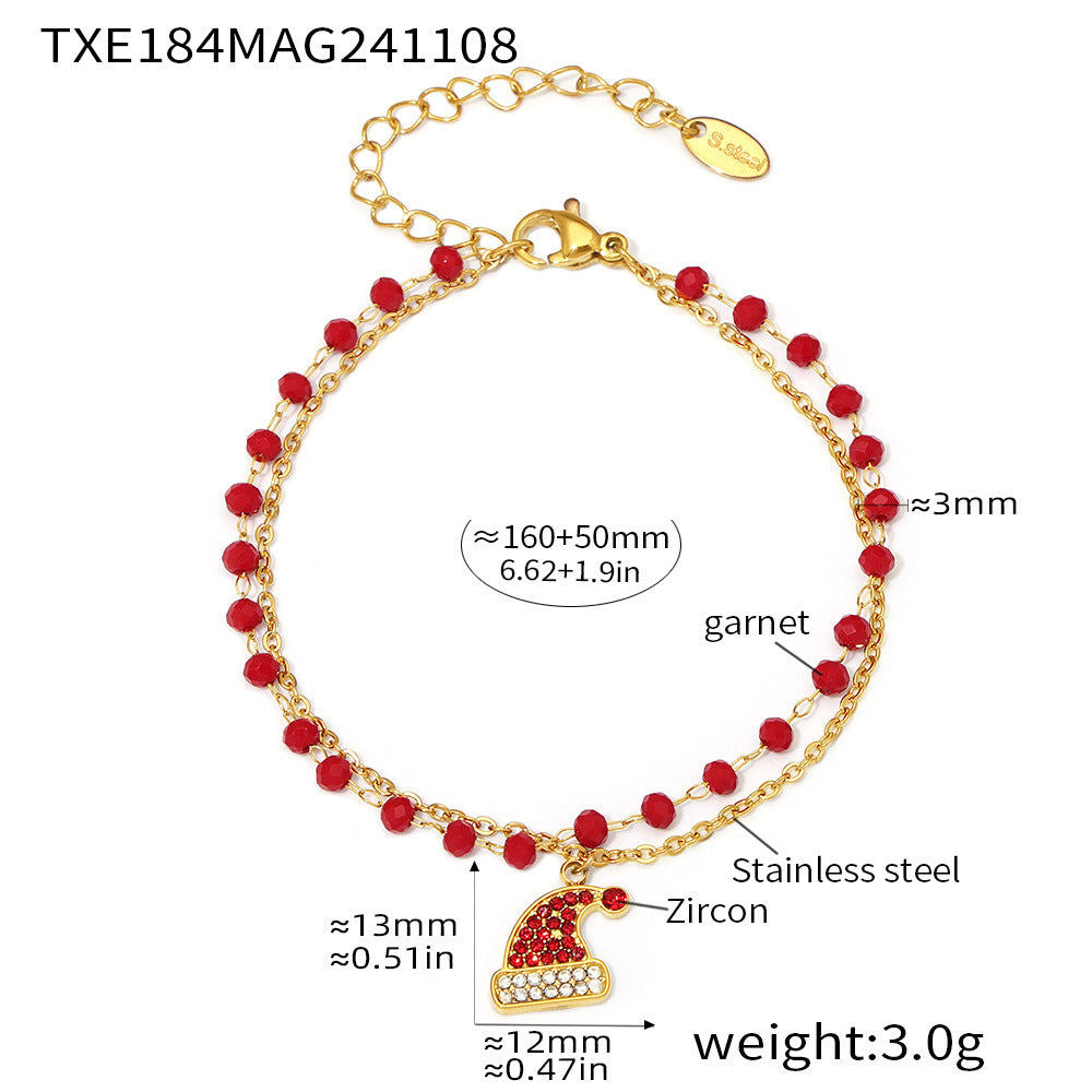 B廠-聖誕系列新款聖誕帽吊墜石榴石雙層項鍊手鍊套裝不鏽鋼飾品「TXP187」25.09-1