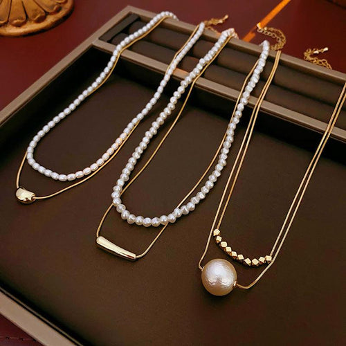 A廠-真金電鍍幾何金屬珍珠項鍊百搭時尚鎖骨鏈簡約輕奢項鍊「N5386-N5388」24.03-1 - 安蘋飾品批發