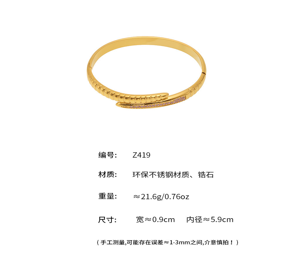 B廠-高品質超閃鋯石開口手鐲歐美跨境不鏽鋼鍍18K真金鐲子飾品「Z419」25.05-4