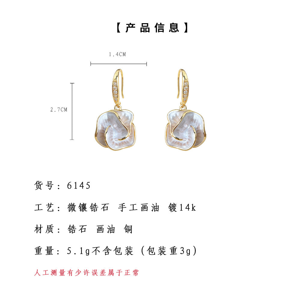 A廠-時尚高級感茶花優雅手工薄塗工藝通勤甜美夏日新耳飾女花朵耳環「6145」25.05-5