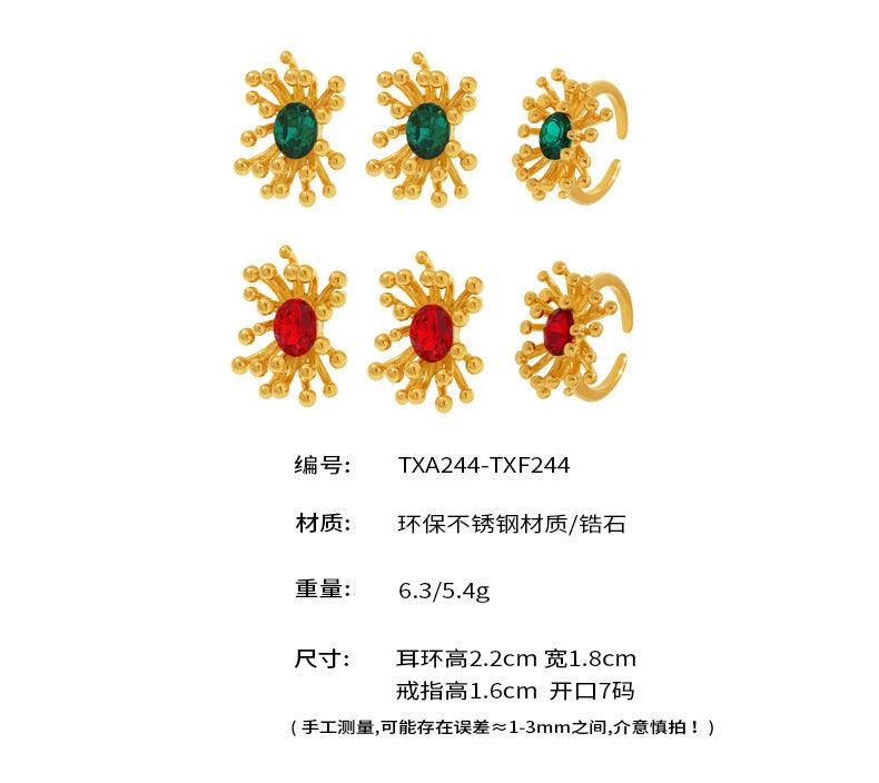 B廠-歐美個性花蕊鋯石戒指耳釘不鏽鋼不掉色小眾18K金套裝批發「TXA244-TXF244」25.04-2