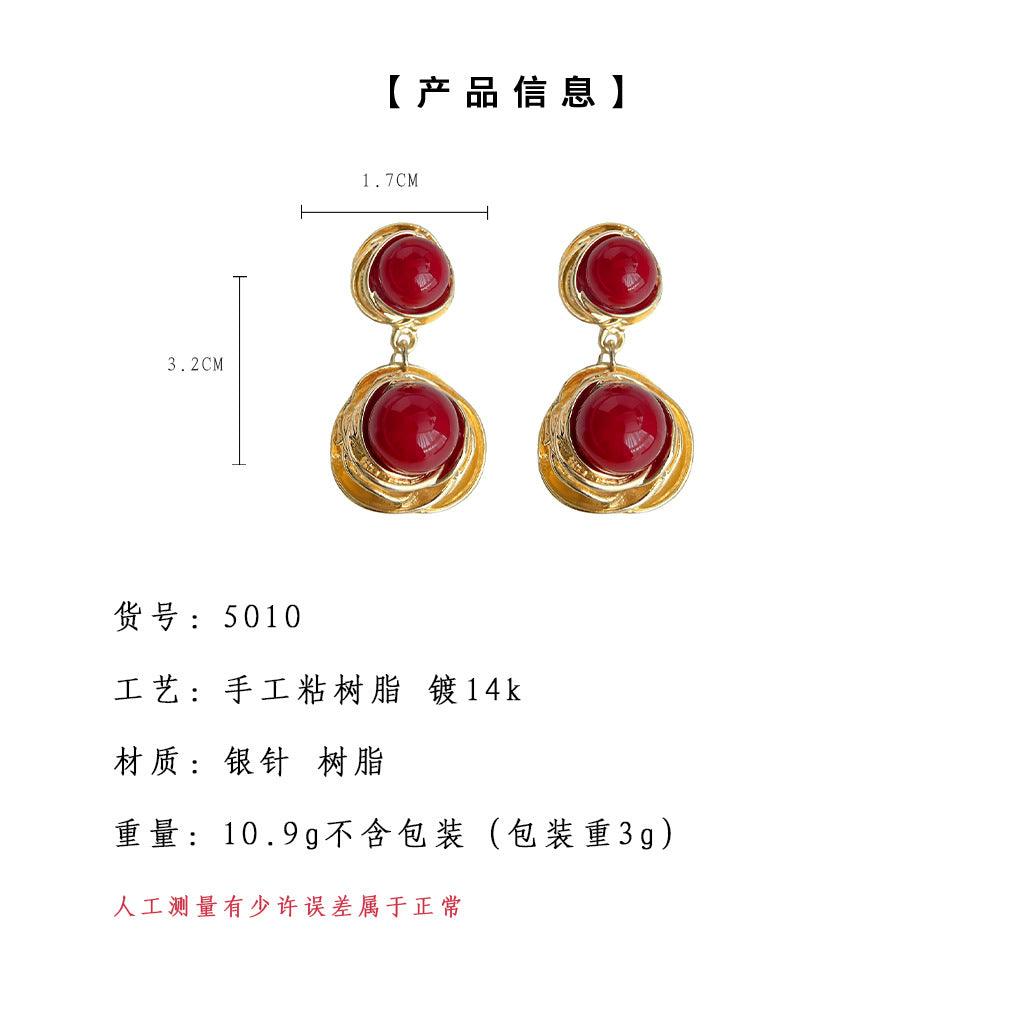 A廠-安可拉紅鍍14K文藝復古圓形幾何長款耳環 氣質秋冬通勤款耳飾批發「5010-5011」24.10-1