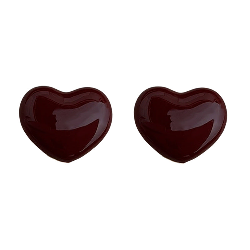 A廠-琺瑯滴釉酒紅色愛心耳環文藝復古港風心形通勤耳飾「7254」25.12-3