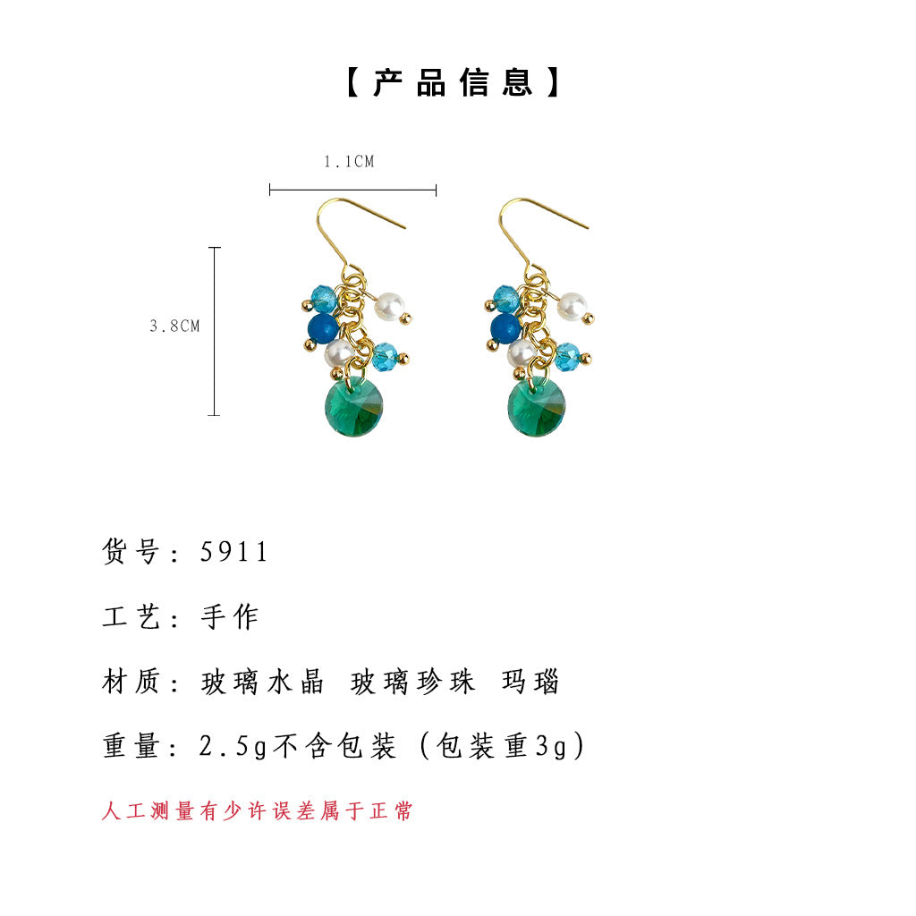 A廠-海的顏色 度假風玻璃水晶瑪瑙甜美海藍色手工耳飾 工廠耳環女「5911」25.04-4