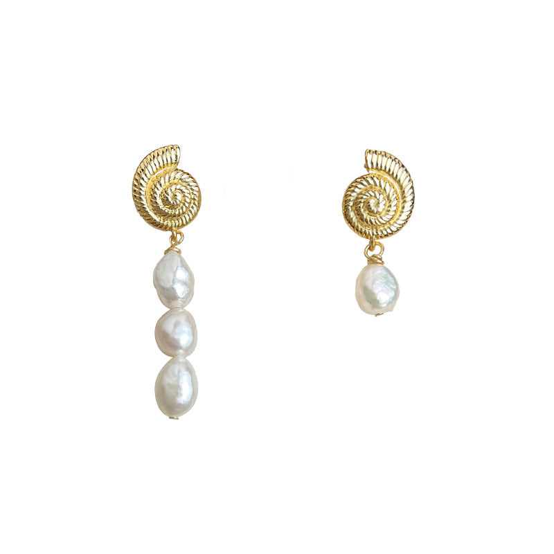 A廠-巴洛克異形不規則 天然淡水珍珠不對稱設計AB款海螺耳環「6493」25.08-1