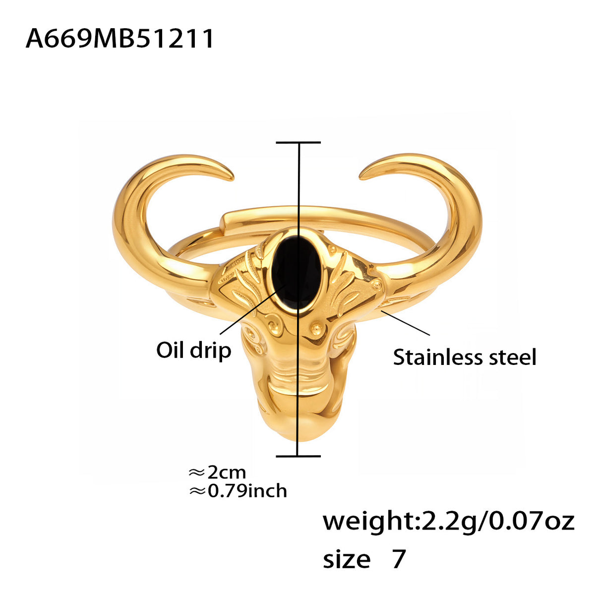 B廠-不鏽鋼牛頭馬滴油開口可調節戒指鍍18k真金歐美時尚百搭朋克指環「A668-A689-A670」25.12-3