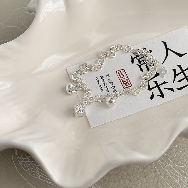 C廠-新中式國風復古風方塊福袋愛心紅瑪瑙手鍊手串S925純銀手鍊「S825」25.05-3