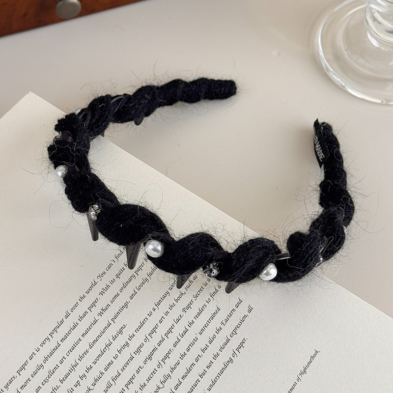 E廠-韓系閃鑽珍珠毛線波浪髮箍女高顱頂頭箍帶齒防滑外戴髮卡壓髮頭飾「27663」25.11-2