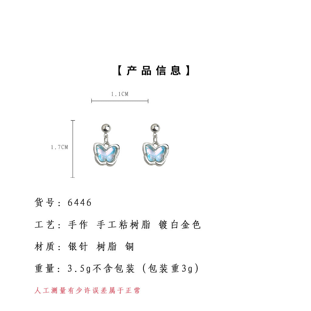 A廠-漸層藍夏日小清新甜美可愛蝴蝶耳飾 925銀針簡約通勤耳環「6446」25.07-3
