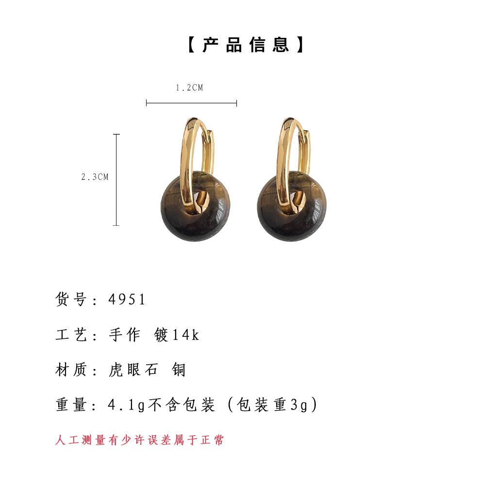 A廠-虎眼石~文藝復古天然石幾何圓形秋冬新鍍14K耳飾工廠耳環飾品女「4951」24.10-2