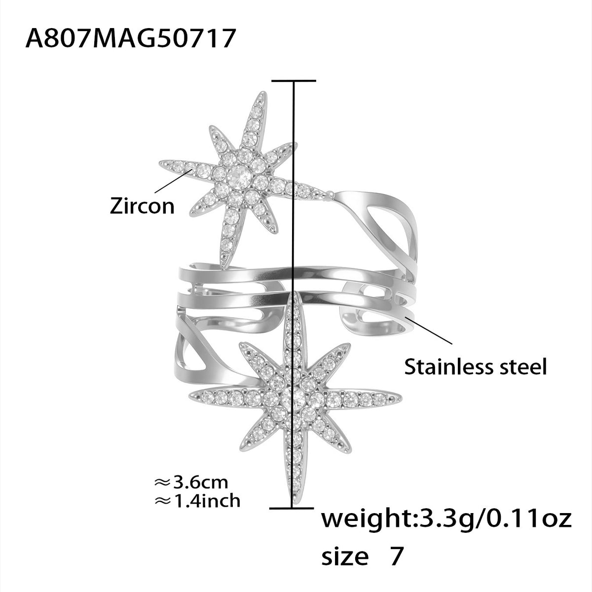 B廠-超閃鋯石八芒星開口鏤空戒指不鏽鋼18K金歐美網紅同款飾品「A790」25.07-4