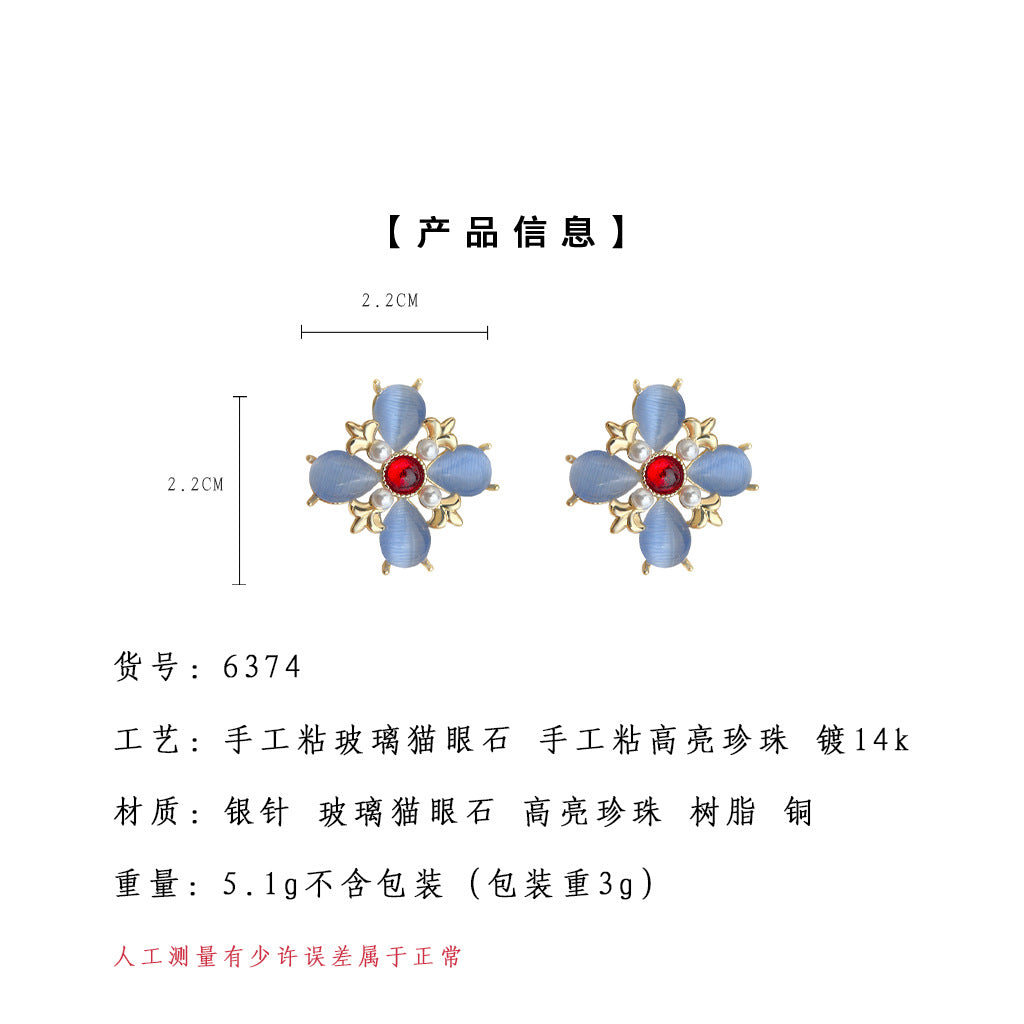 A廠-設計師款 玻璃貓眼石時尚通勤925銀針輕奢風原創耳飾工廠 耳環「6374」25.08-1