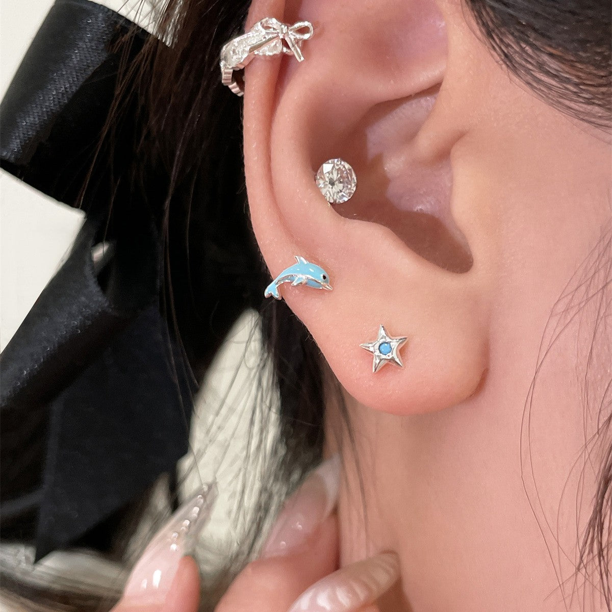C廠-簡約可愛小鯨魚耳釘女韓系百搭夏天藍色星星銀針耳環高級感耳飾「EH-3545」25.05-5