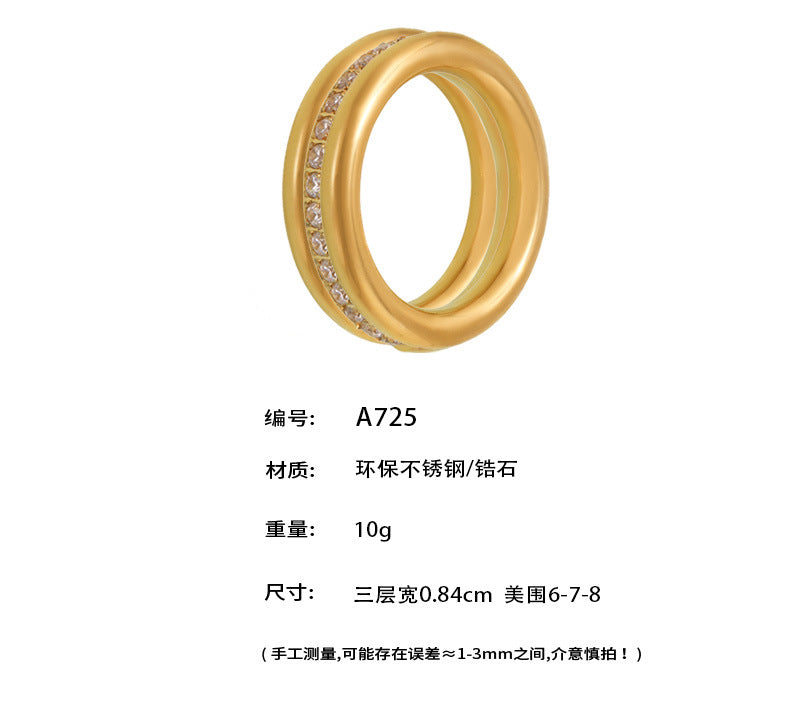 B廠-5A鋯石CNC鑲鑽戒指三素圈疊戴小眾不鏽鋼鍍18K真金通勤指環「A725」25.05-1