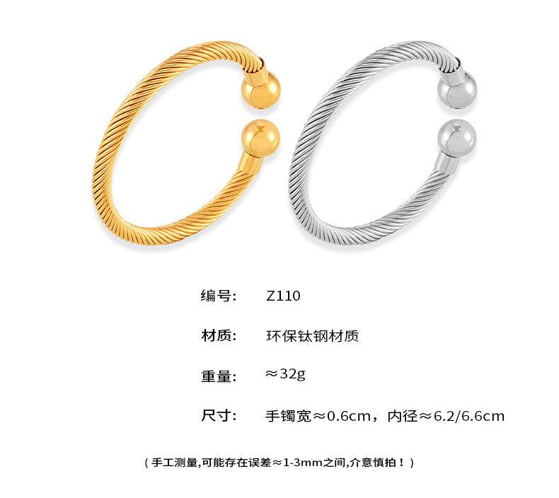 B廠-法式熱銷復古開口金圓珠麻花手環開口可調節簡約手鐲鈦鋼鍍18K金「Z110」24.07-1