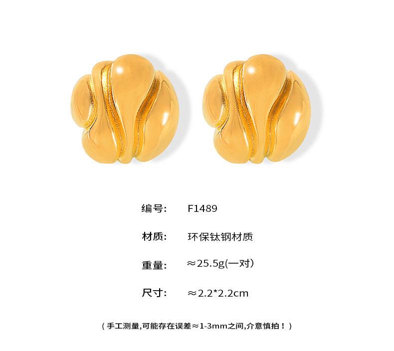 B廠-歐美誇張幾何不規則圓耳釘凹凸紋理鍍18k金耳環INS風鈦鋼保色耳飾「F1489」24.06-3