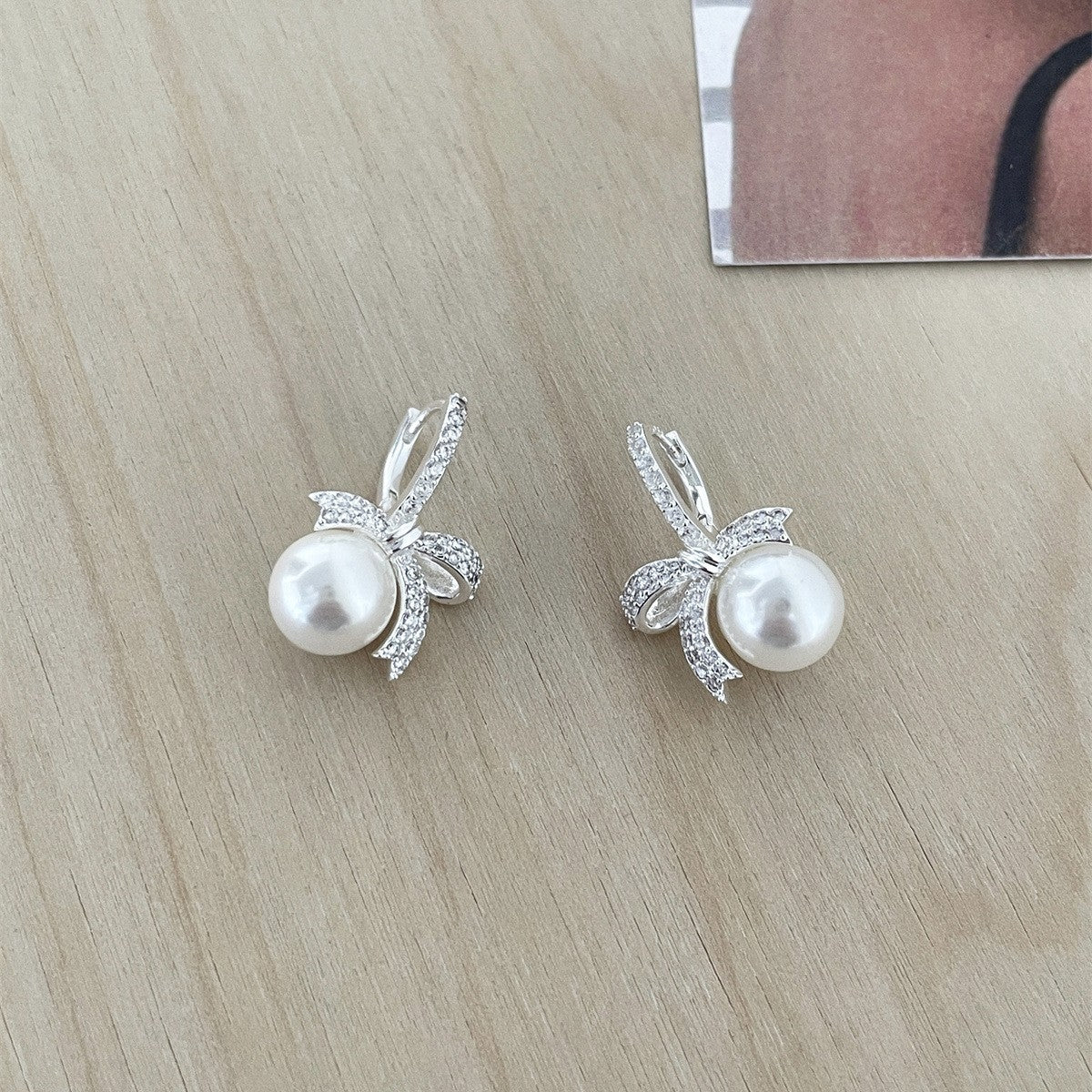 C廠-輕奢百搭鋯石蝴蝶結銀針耳環女氣質甜美珍珠耳扣小眾設計高級耳飾「EH-3754」25.08-4