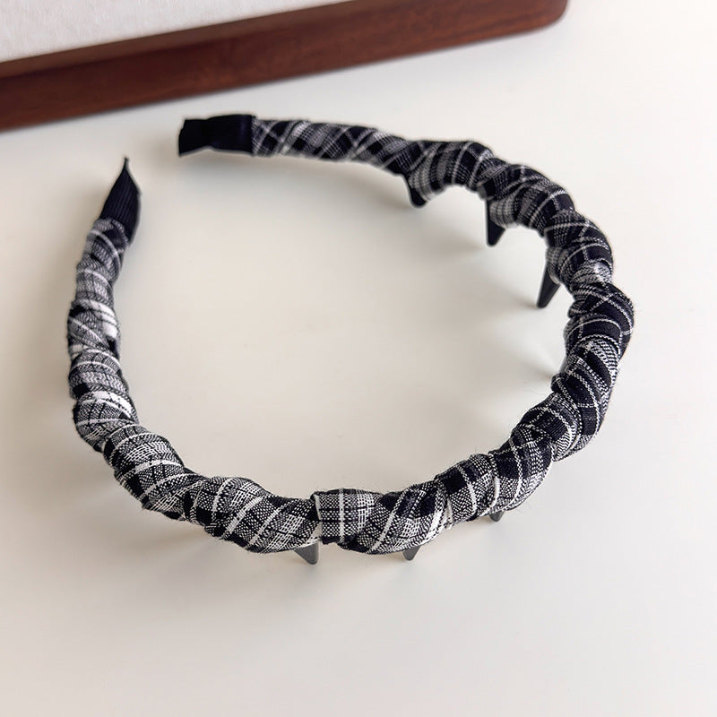 E廠-韓版格紋纏繞髮箍復古格子網紅百搭壓髮波浪帶齒頭箍高顱頂頭飾「27343」25.08-3