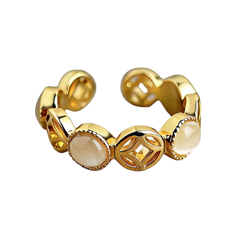 A廠-【八方來財】厚鍍真金保色玻璃貓眼石戒指開口可調節指環手飾「7241」25.12-3