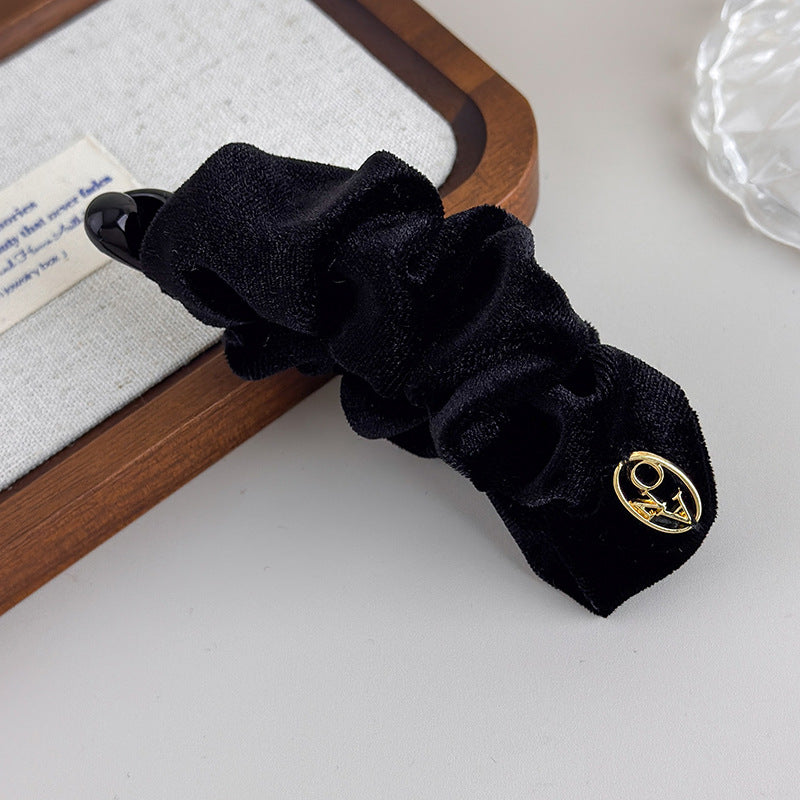 E廠-韓系褶皺絲絨香蕉夾女後腦勺髮夾馬尾竪夾氣質髮飾半扎髮抓夾頭飾「27709」25.11-3