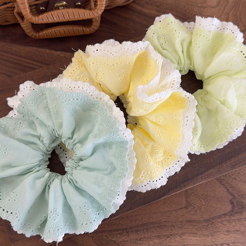E廠-韓系ins薄荷綠刺繡蕾絲花邊小蠻腰大腸髮圈溫柔百搭扎馬尾髮飾女「26923」25.05-2